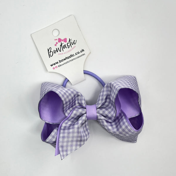 4 Inch Double Ribbon Bobble - Lilac & Lilac Gingham