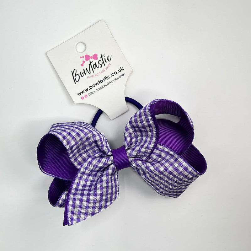 4 Inch Double Ribbon Bobble - Purple & Purple Gingham