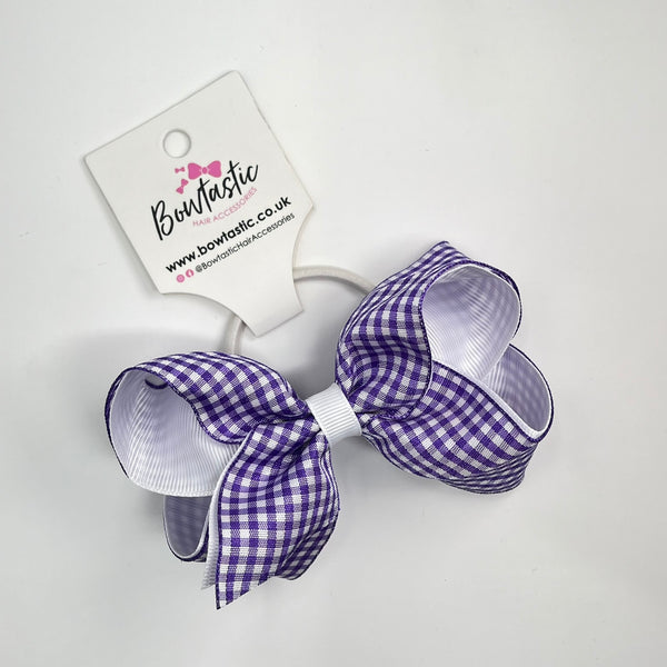 4 Inch Double Ribbon Bobble - Purple & White Gingham