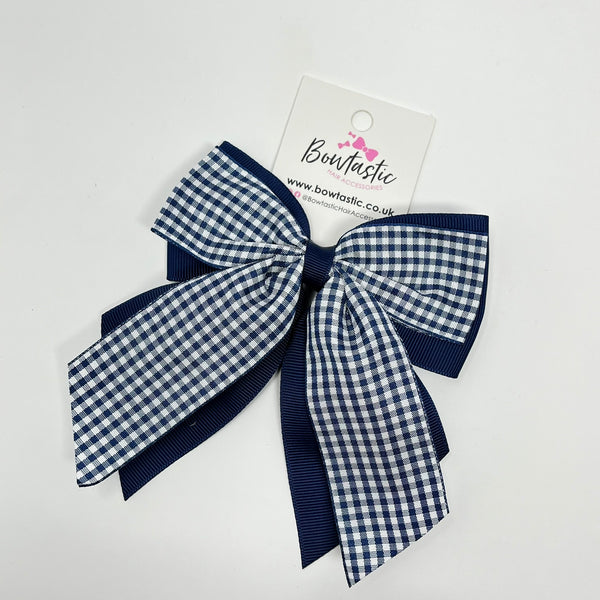 4.5 Inch 2 Layer Tail Bow - Navy Gingham