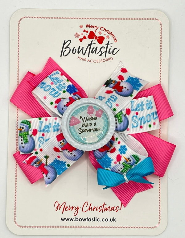 Christmas - 4 Inch Bow - Pink, Blue & White - Wanna Build a Snowman?