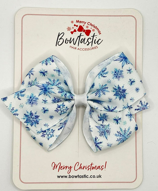 Christmas - 4 Inch Flat Pattern Bow - White & Blue Snowflake