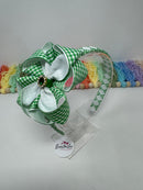 4 inch Flower Alice Band - Emerald Green* & White Gingham