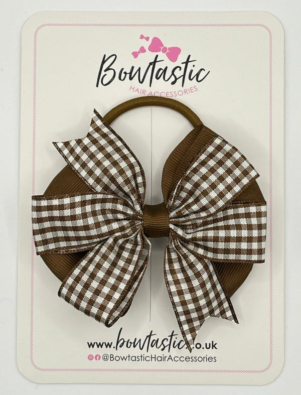 3.5 Inch Flat Double Bow Bobble - Turftan & Brown Gingham
