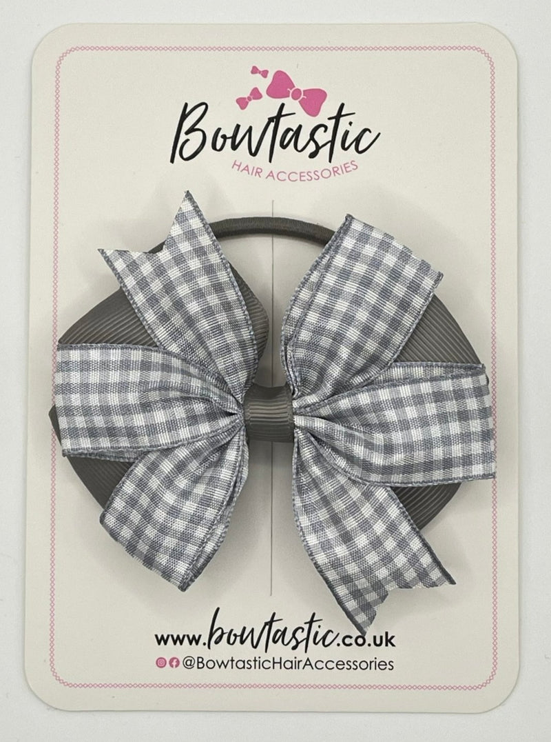 3.5 Inch Flat Double Bow Bobble - Silver & Silver Gingham
