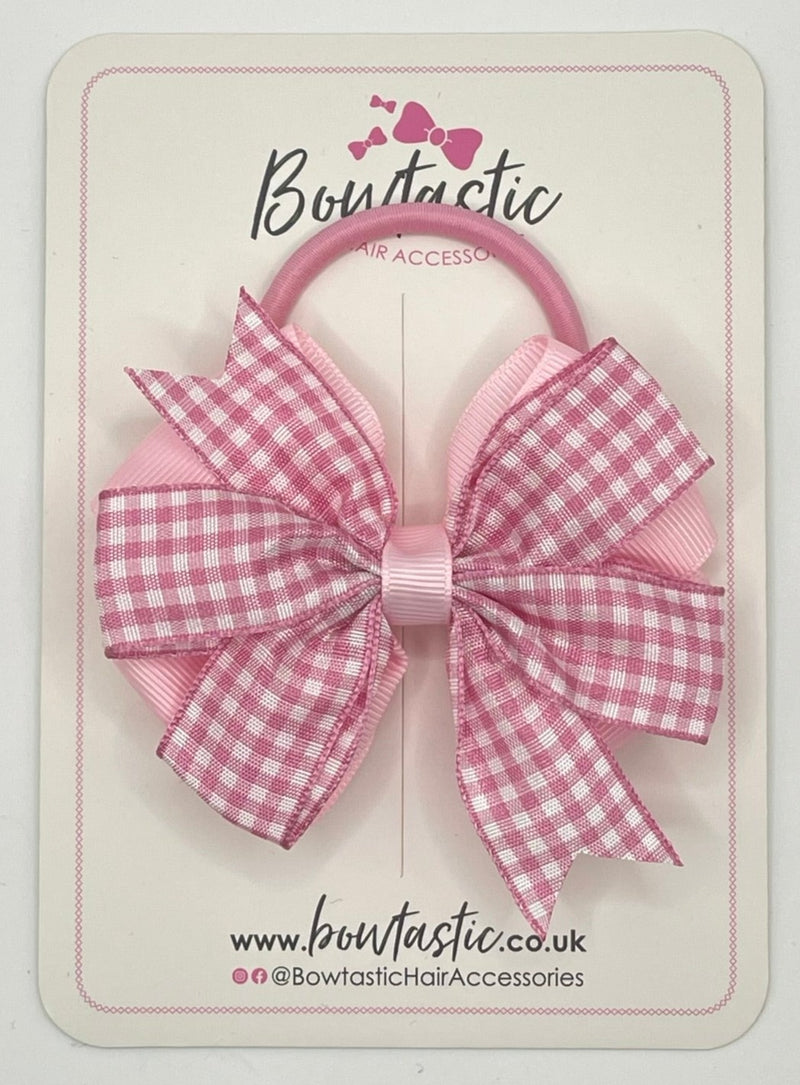 3.5 Inch Flat Double Bow Bobble - Pink & Pink Gingham