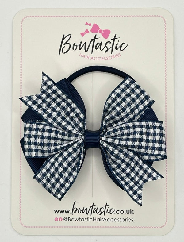 3.5 Inch Flat Double Bow Bobble - Navy & Navy Gingham