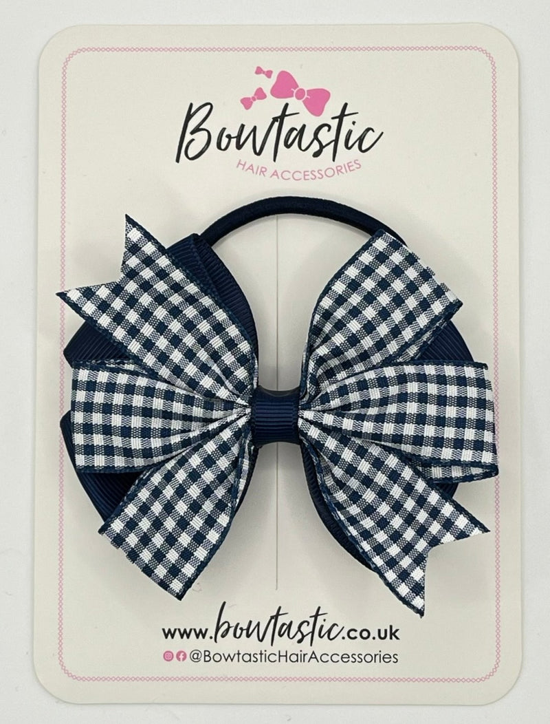 3.5 Inch Flat Double Bow Bobble - Navy & Navy Gingham