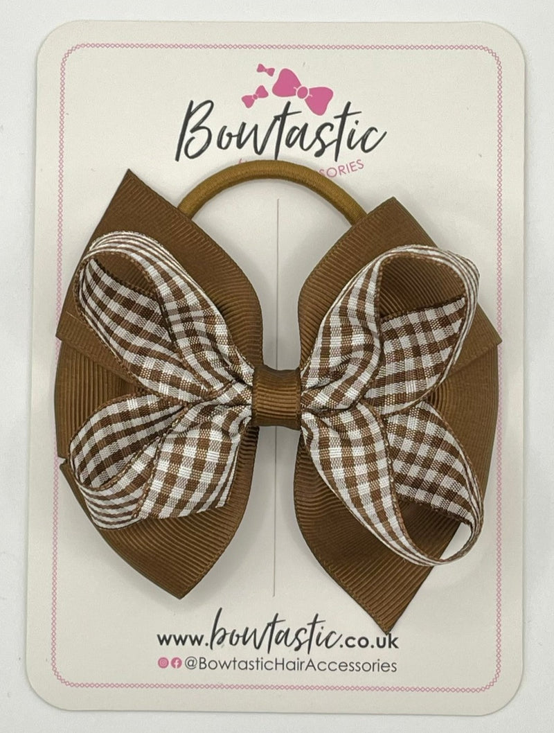 4 Inch Double Bow Bobble - Turftan & Brown Gingham