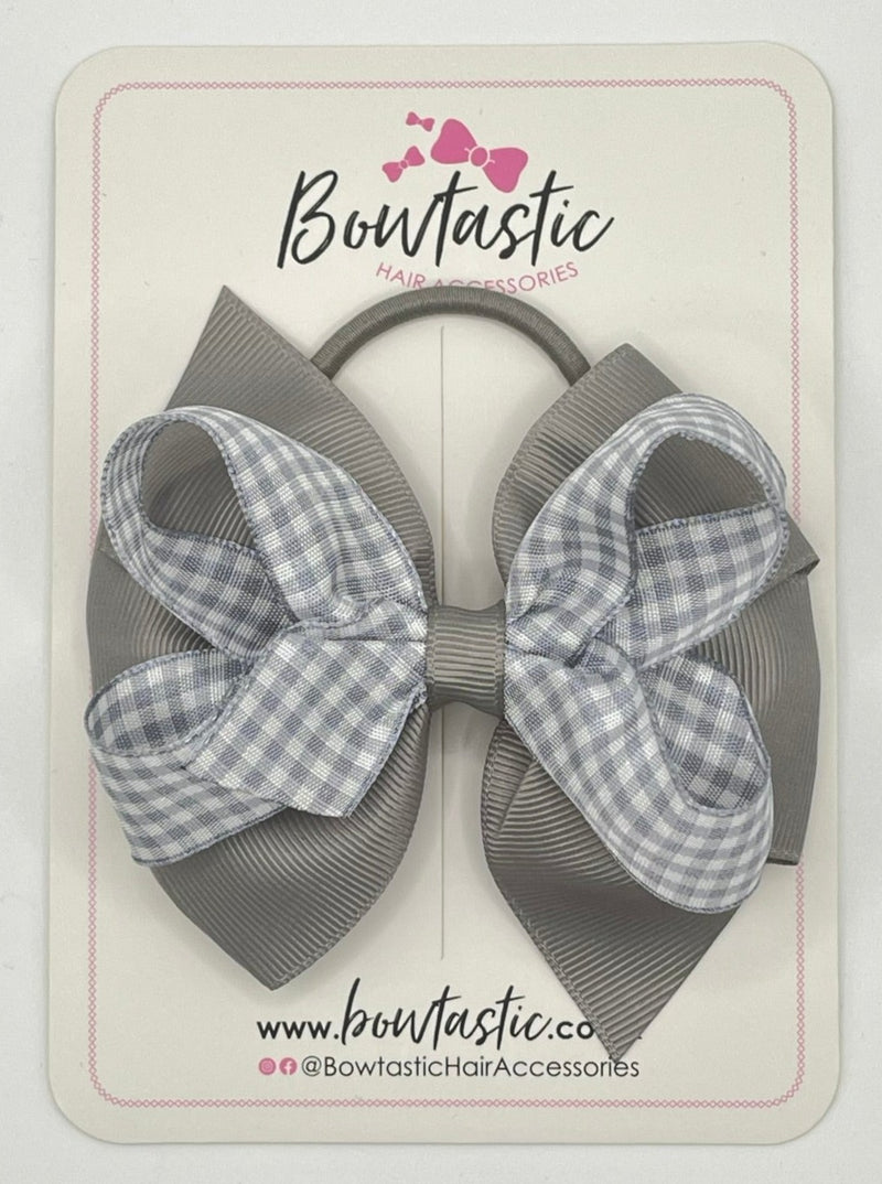 4 Inch Double Bow Bobble - Grey & Grey Gingham