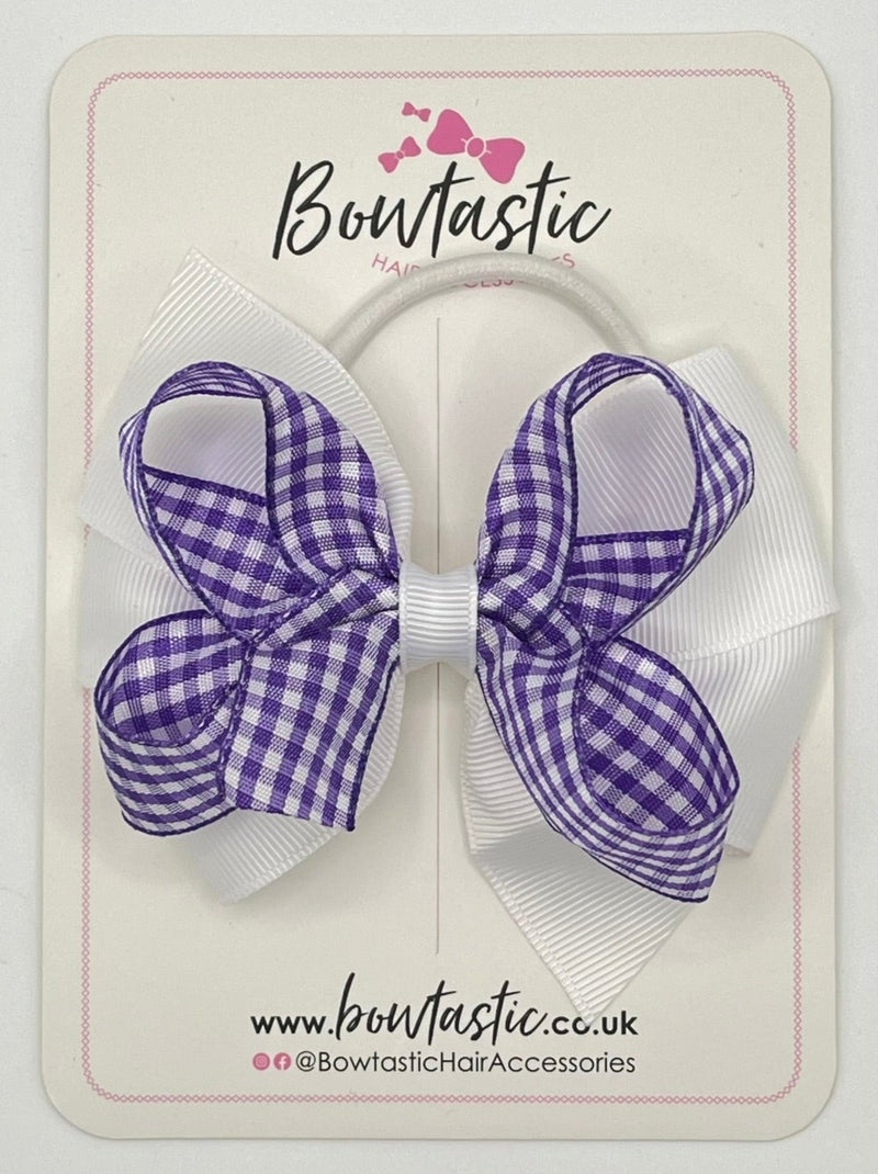 4 Inch Double Bow Bobble - Purple & White Gingham