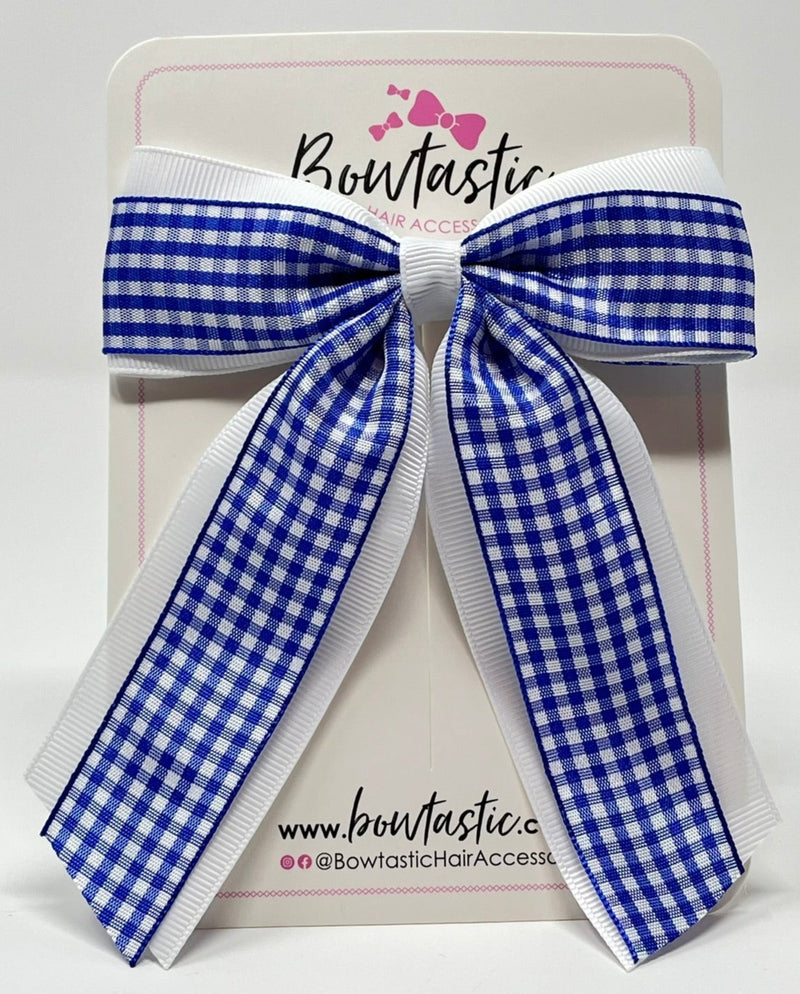 4.5 Inch Tail Bow - Royal Blue & White Gingham