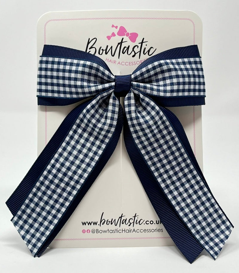 4.5 Inch Tail Bow - Navy & Navy Gingham