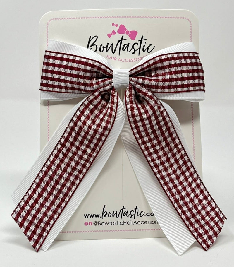 4.5 Inch Tail Bow - Burgundy & White Gingham