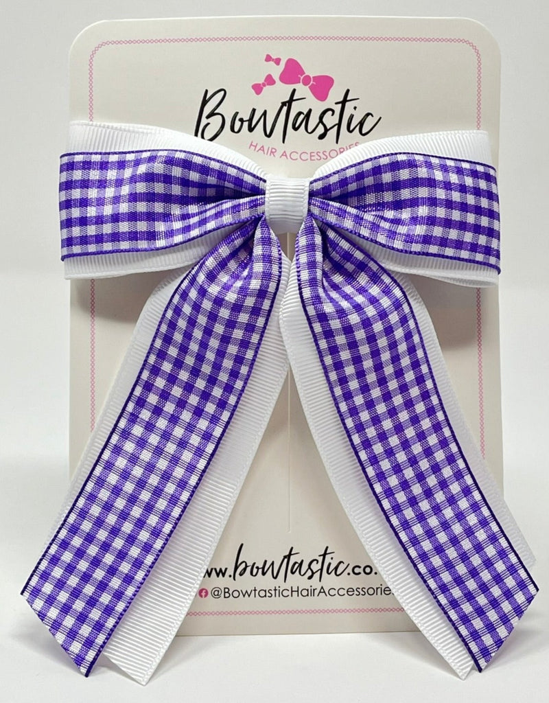 4.5 Inch Tail Bow - Purple & White Gingham