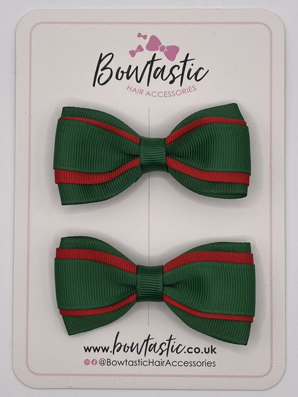 3 Inch 3 Layer Tuxedo Bow - Forest Green & Red - 2 Pack