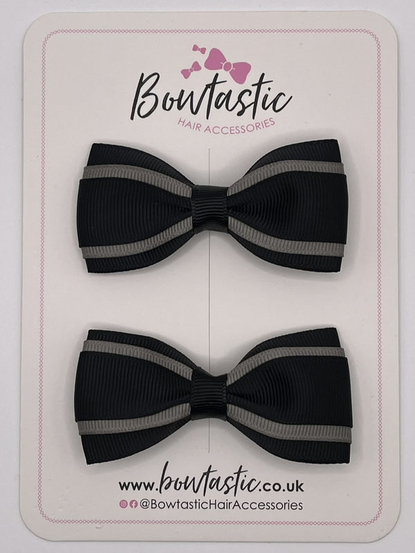 3 Inch 3 Layer Tuxedo Bow - Black & Metal Grey - 2 Pack