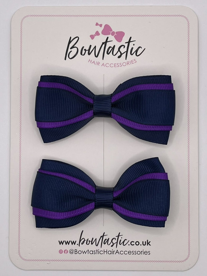 3 Inch 3 Layer Tuxedo Bow - Purple & Navy - 2 Pack