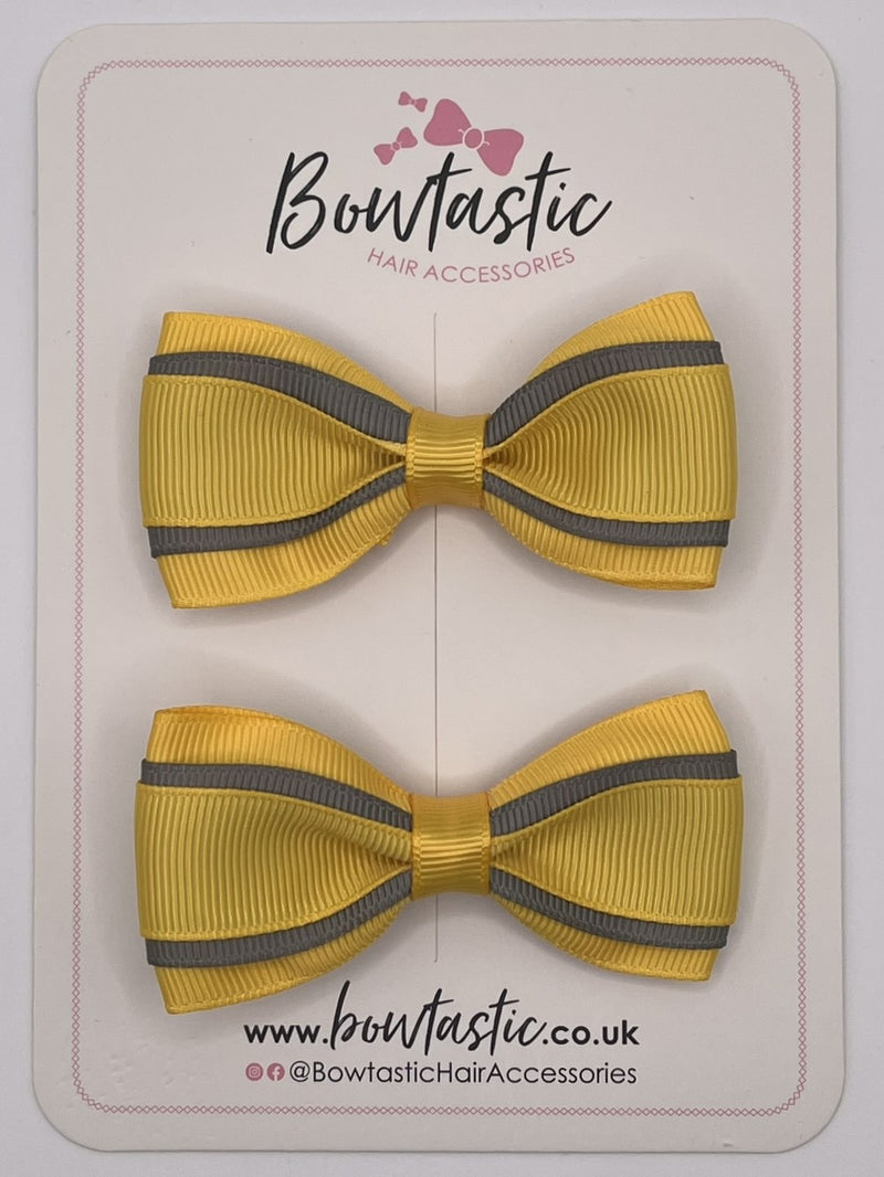 3 Inch 3 Layer Tuxedo Bow - Yellow Gold & Metal Grey - 2 Pack