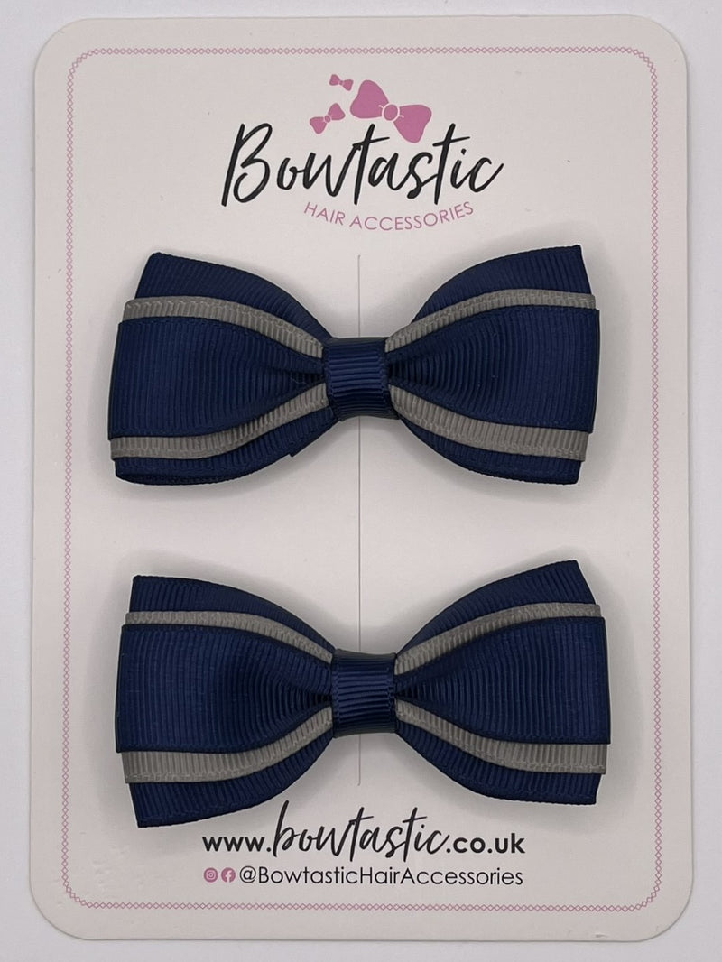 3 Inch 3 Layer Tuxedo Bow - Navy & Metal Grey - 2 Pack