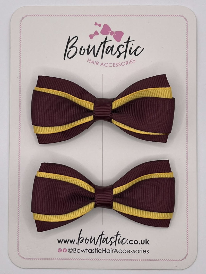 3 Inch 3 Layer Tuxedo Bow - Burgundy & Yellow Gold - 2 Pack