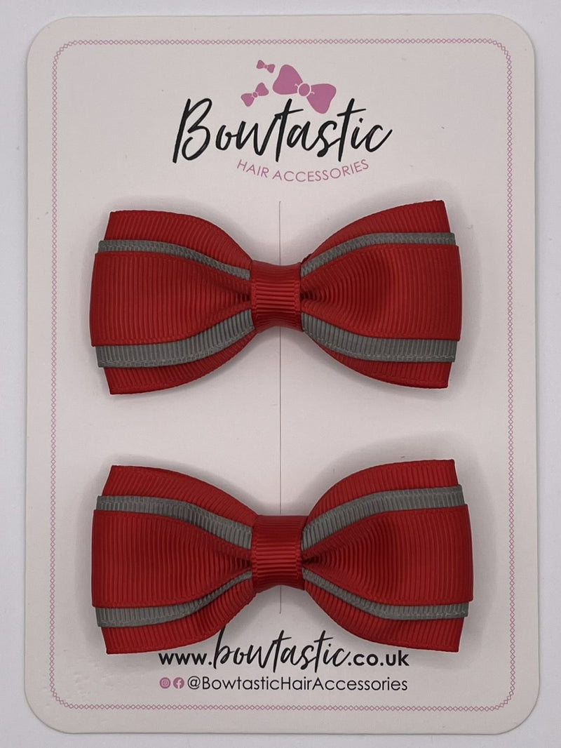 3 Inch 3 Layer Tuxedo Bow - Red & Metal Grey - 2 Pack