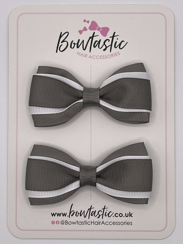 3 Inch 3 Layer Tuxedo Bow - Metal Grey & White - 2 Pack