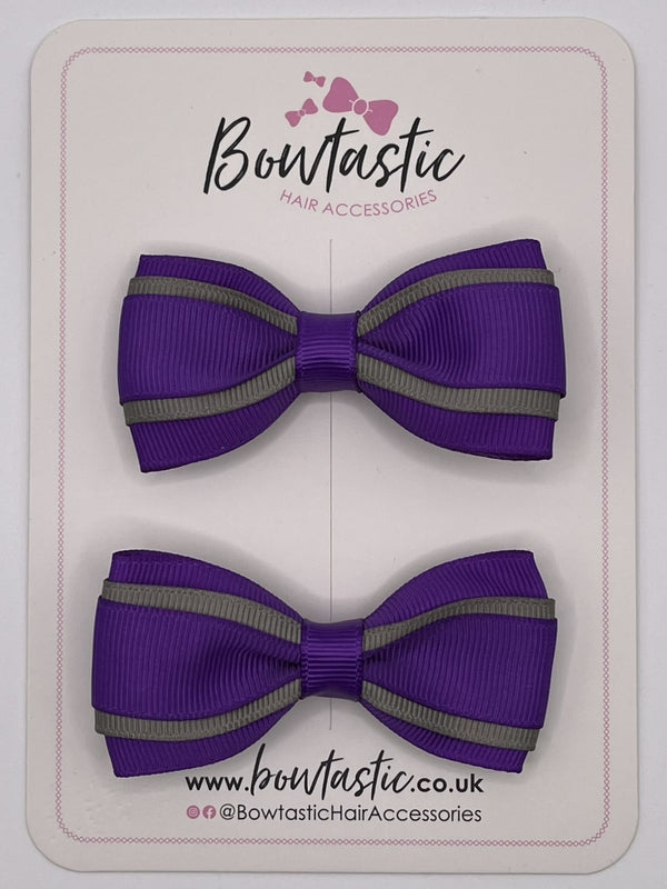 3 Inch 3 Layer Tuxedo Bow - Purple & Metal Grey - 2 Pack