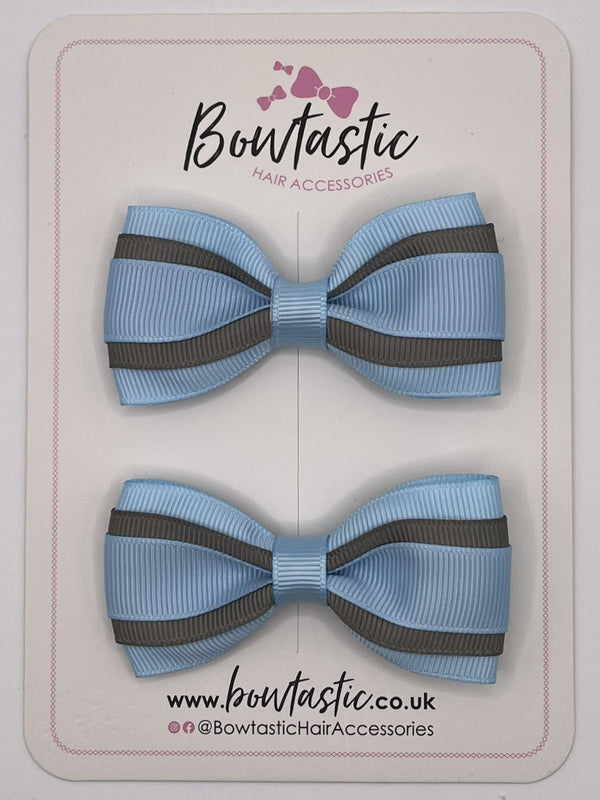 3 Inch 3 Layer Tuxedo Bow - Blue Topaz & Metal Grey - 2 Pack