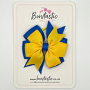 3 Inch Double Pinwheel Bow Thin Elastic - Yellow Gold & Royal Blue