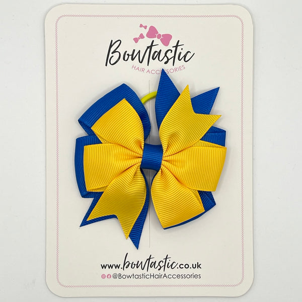 3 Inch Double Pinwheel Bow Thin Elastic - Yellow Gold & Royal Blue