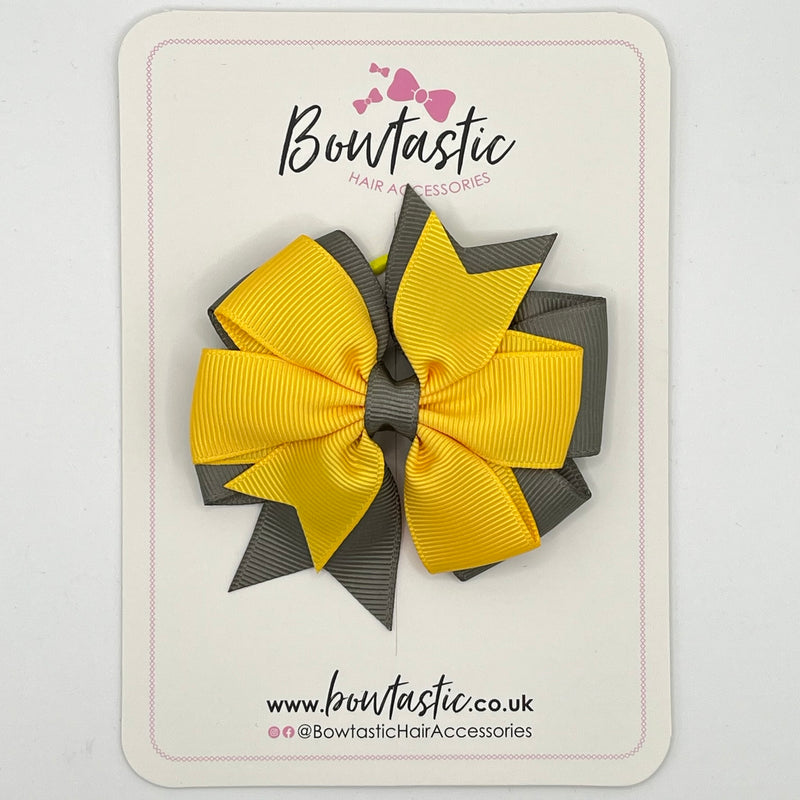 3 Inch Double Pinwheel Bow Thin Elastic - Yellow Gold & Metal Grey