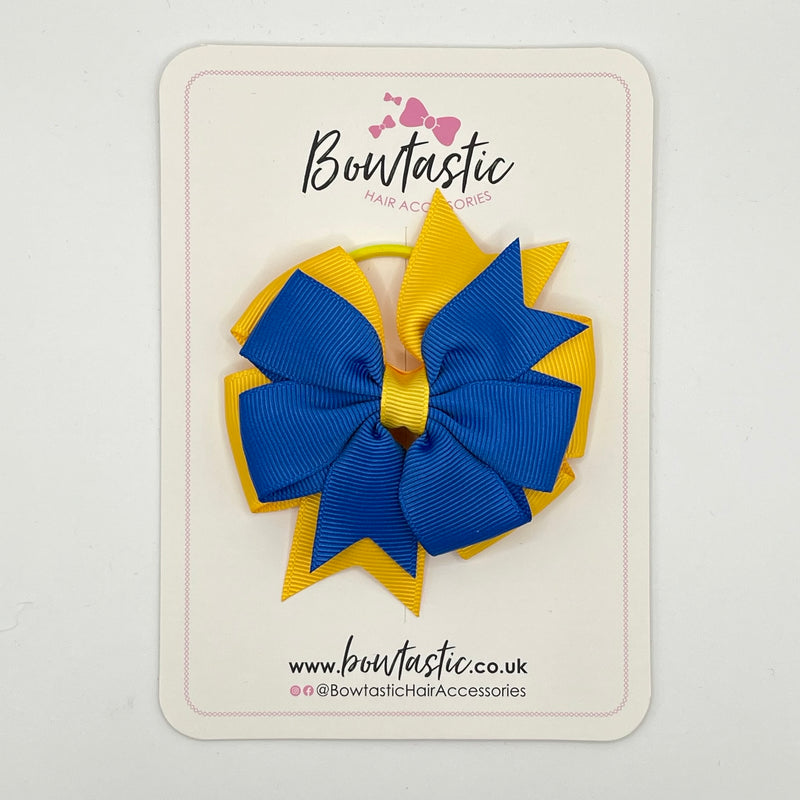 3 Inch Double Pinwheel Bow Thin Elastic - Royal Blue & Yellow Gold