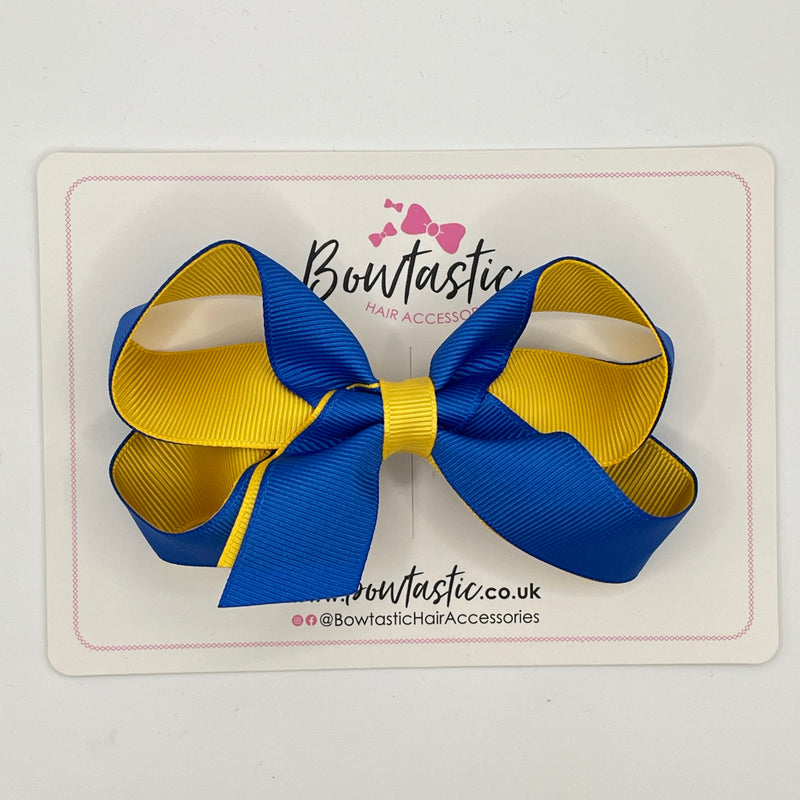 4 Inch Double Ribbon Bow Style 2 - Royal Blue & Yellow Gold