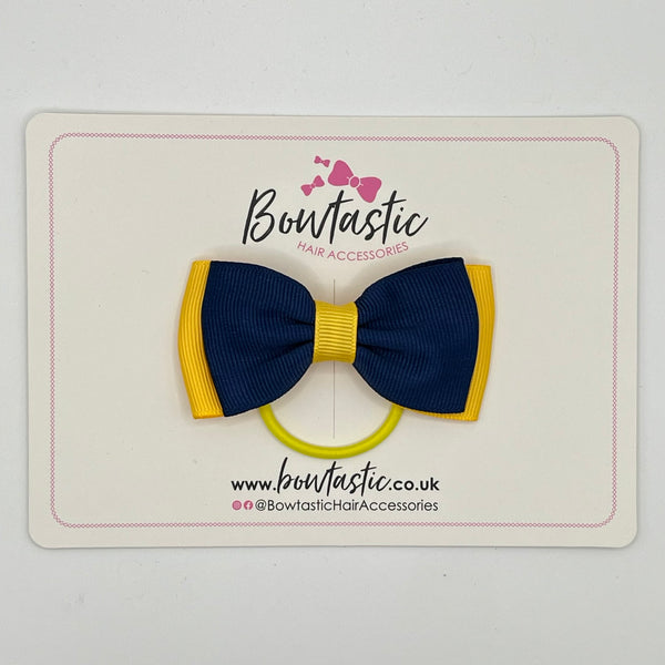 3 Inch Flat Double Bow Thin Elastic - Navy & Yellow Gold