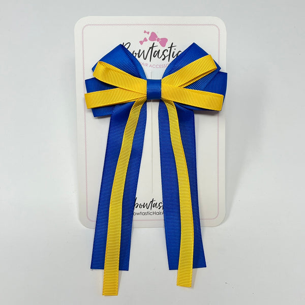 4 Inch Loop Tail Bow - Yellow Gold & Royal Blue