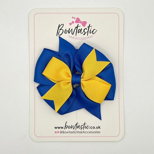 3.5 inch 2 Layer Pinwheel Bow Thin Elastic - Yellow Gold & Royal Blue