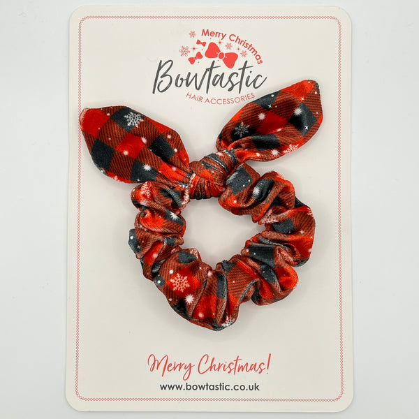 Christmas - Velvet Bunny Ear Scrunchie - Red & Black Tartan Snowflake