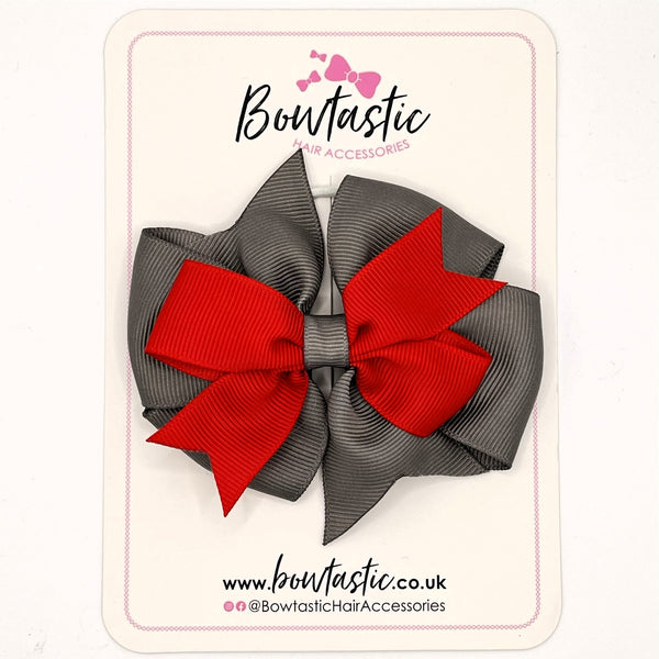 3.5 Inch 2 Layer Pinwheel Bow Thin Elastic - Red & Metal Grey