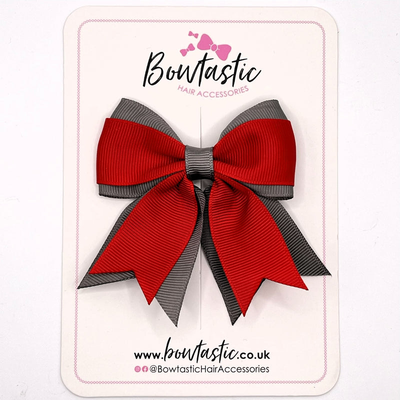 3 Inch Flat 2 Layer Tail Bow - Red & Metal Grey