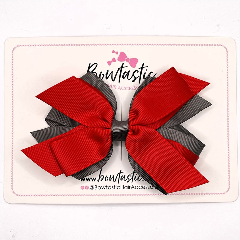 4 Inch 3 Layer Bow - Red & Metal Grey