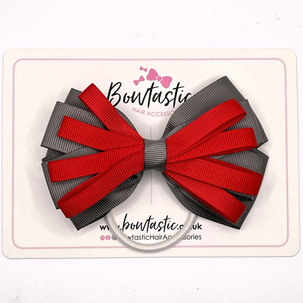 4 Inch Loop Bow Bobble - Red & Metal Grey