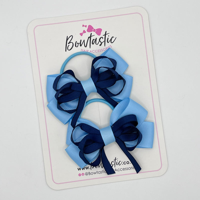 3 Inch Double Bow Style 2 Thin Elastic  - Navy & Blue Topaz - 2 Pack