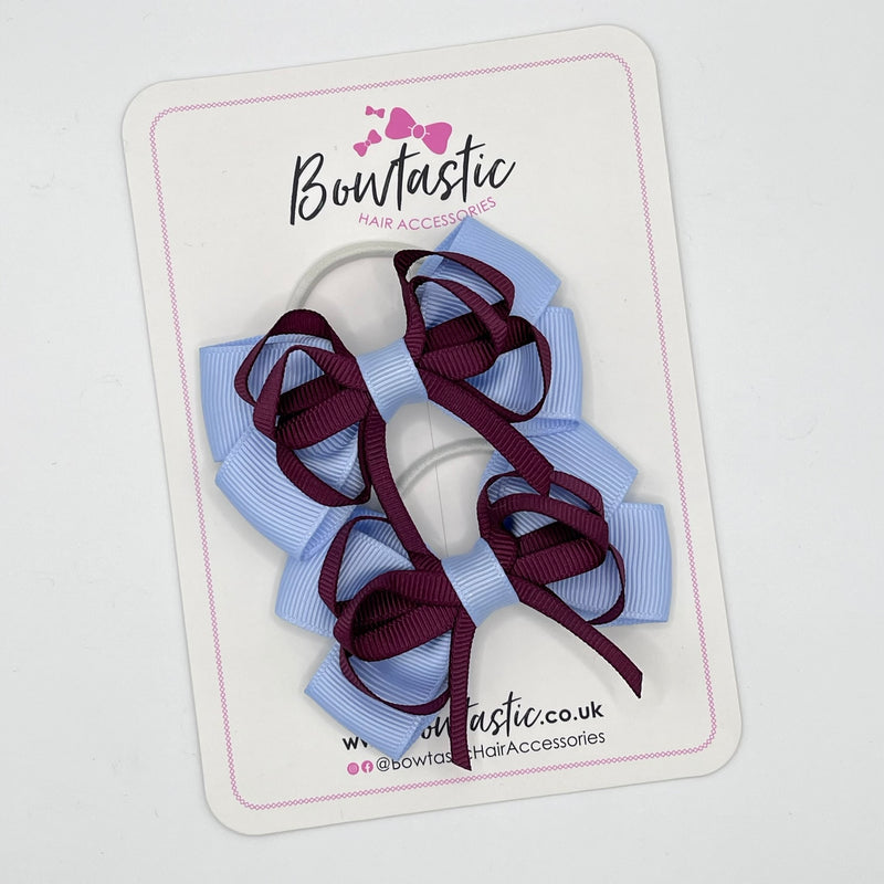 3 Inch Double Bow Style 2 Thin Elastic  - Burgundy & Bluebell - 2 Pack