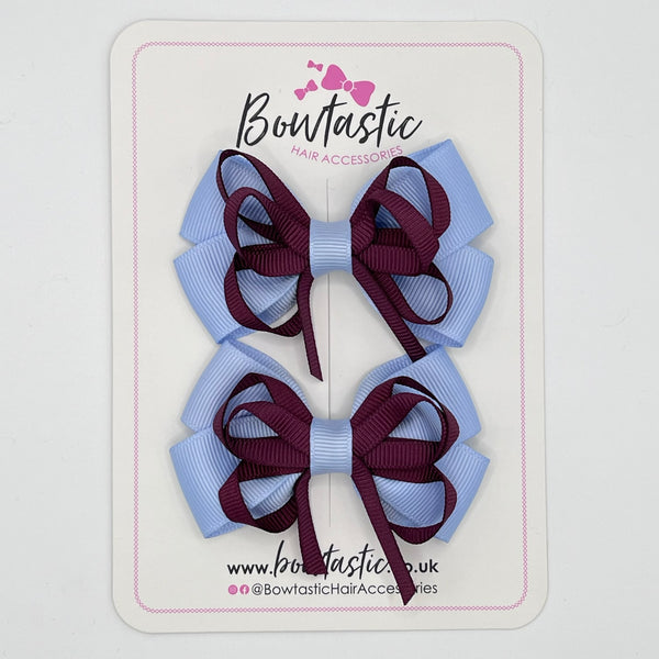 3 Inch Double Bow Style 2 - Burgundy & Bluebell - 2 Pack