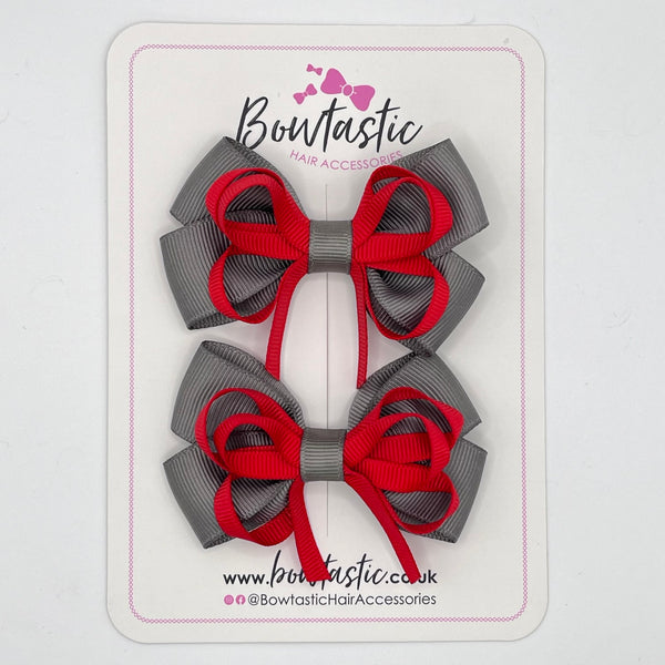 3 Inch Double Bow Style 2 - Red & Metal Grey - 2 Pack