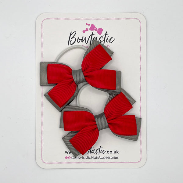 3 Inch Double Butterfly Bow Thin Elastic - Red & Metal Grey - 2 Pack