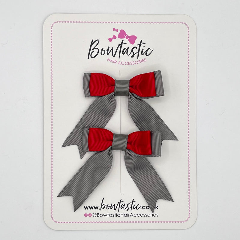 2 Inch Tail Bow - Red & Metal Grey - 2 Pack