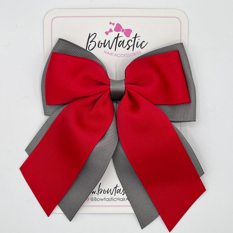 4.5 Inch 2 Layer Tail Bow - Red & Metal Grey