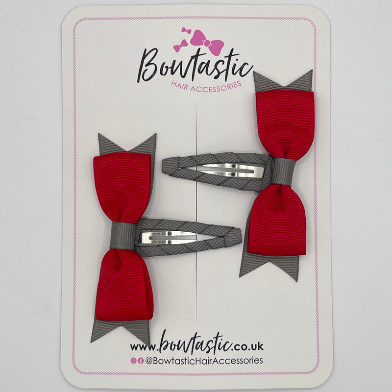 3 Inch Flat Bow Snap Clip - Red & Metal Grey - 2 Pack